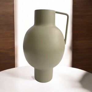 Bloomingville Textured Metal Vase with Handle, Sage Green Metal Vase, MCM Vase